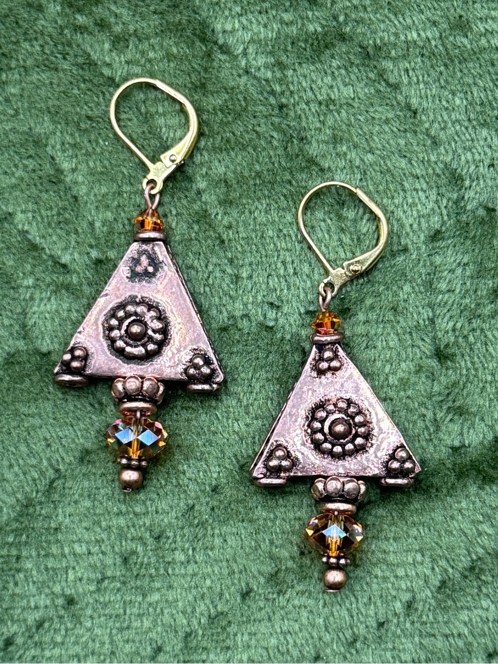 Handmade Copper Triangle Drop Earrings w/ Amber Aurora Borealis Crystal Accents
